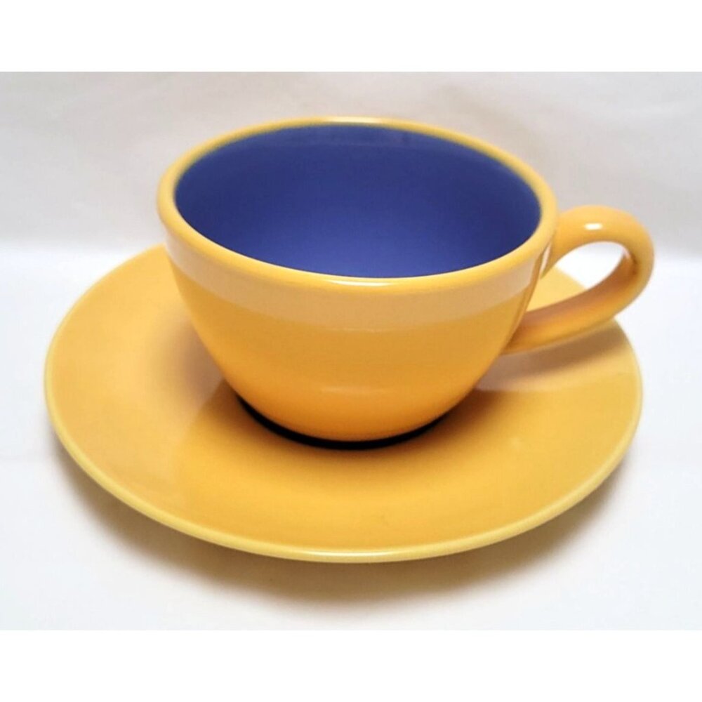 Vintage Mid 1980s Lindt Stymeist Yellow & Purple Ceramic Cup and 6" Saucer Set